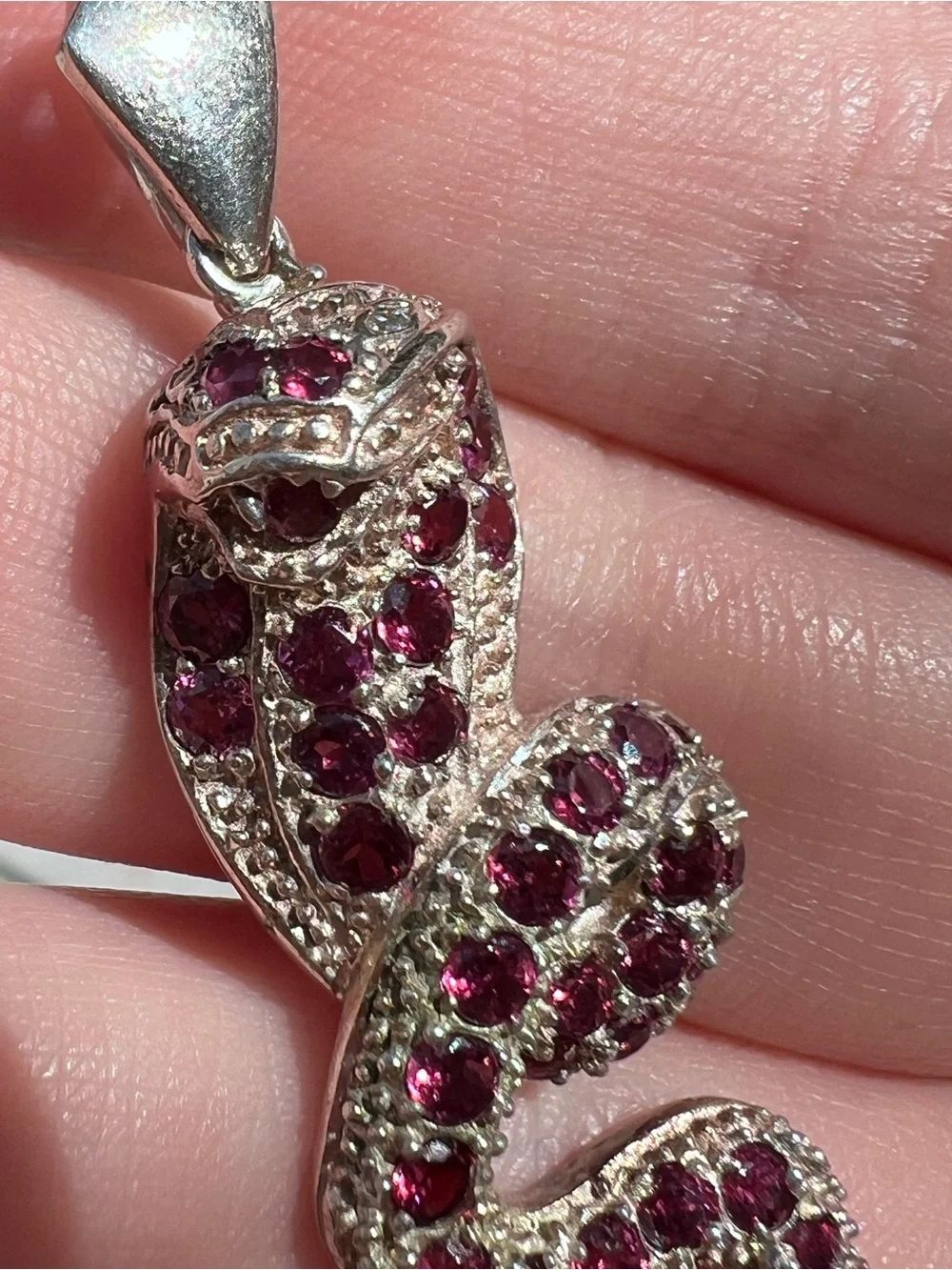 925 Sterling Silver Pave Gemstone Snake Pendant 2.5” Pink Stones